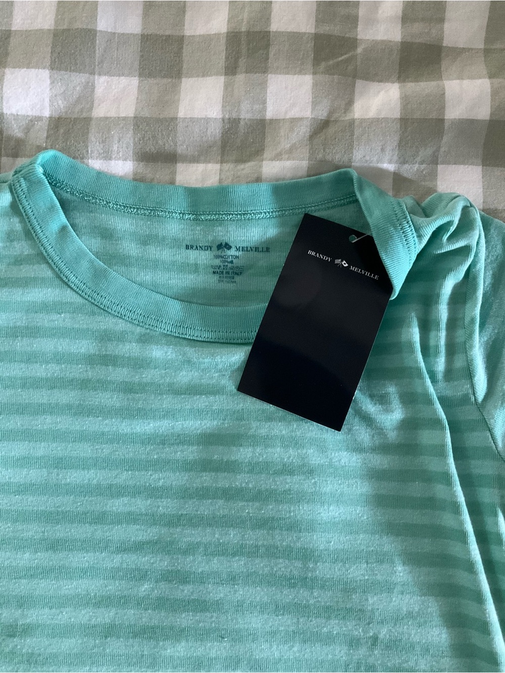 Brandy Melville Teal Seafoam Green Striped Short Sleeve Tee - Picture 2 of 3
